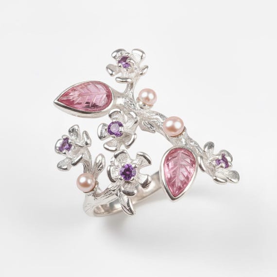 925 Silver pink tourmaline ring, gemstone sakura flower branch nature cottagecore jewelry