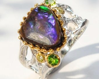 925 silver blue ammolite ring, gemstone organic branch wide banded artizan jewelry