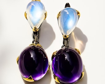 Amethyst Moonstone earrings for women, 925 sterling silver natural oval cabochon gemstone lever back, birthday anniversary gift mom wife