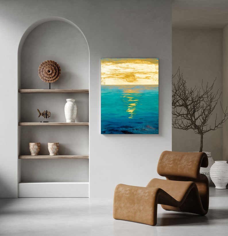 Sunrise gold leaf original paiting acrylic, Turquoise water deep blue golden sun, ocean painting Valentines day gift mom, sister, wife image 2