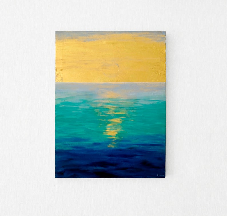 Sunrise gold leaf original paiting acrylic, Turquoise water deep blue golden sun, ocean painting Valentines day gift mom, sister, wife image 5