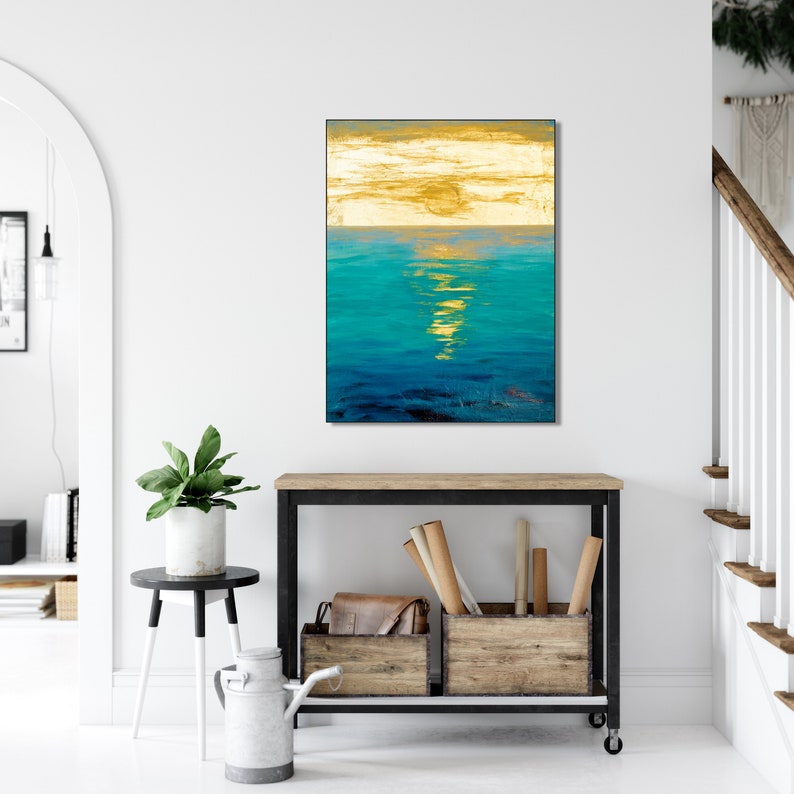 Sunrise gold leaf original paiting acrylic, Turquoise water deep blue golden sun, ocean painting Valentines day gift mom, sister, wife image 1