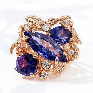 925 silver blue iolite ring, flower nature inspired rose gold organic handmade jewelry for Christmas gifts