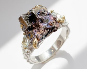 925 raw bismuth ring for men women, rainbow rough crystal gemstone organic textured silver band