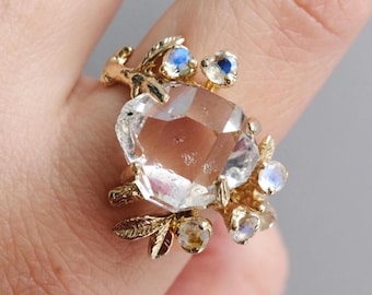 14-18K solid gold raw herkimer diamond ring, April birthstone gemstone branch leaves engagement, birthday gift mom wife grandmother