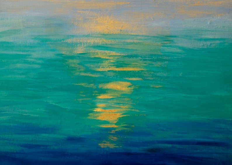 Sunrise gold leaf original paiting acrylic, Turquoise water deep blue golden sun, ocean painting Valentines day gift mom, sister, wife image 7