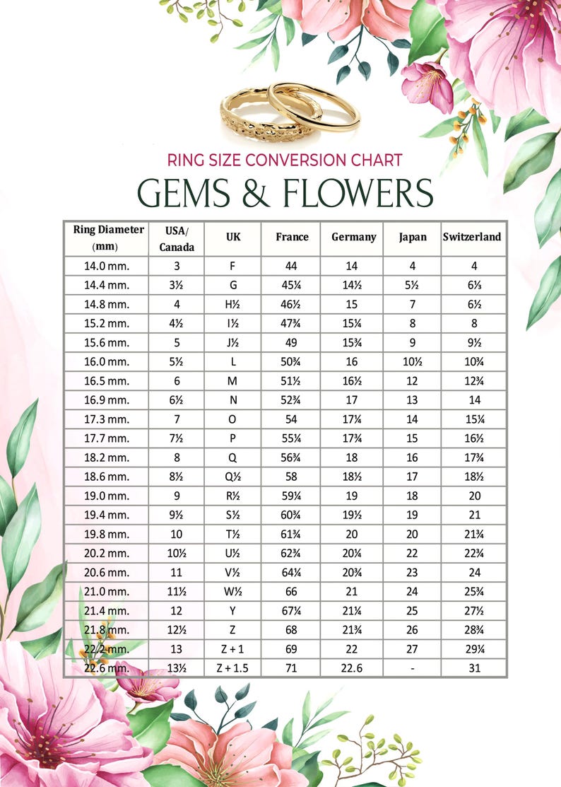 May include: A ring size conversion chart with a floral design, featuring a gold ring and a table showing ring diameters in mm, UK sizes, and corresponding USA, French, German, Japanese, and Swiss sizes.