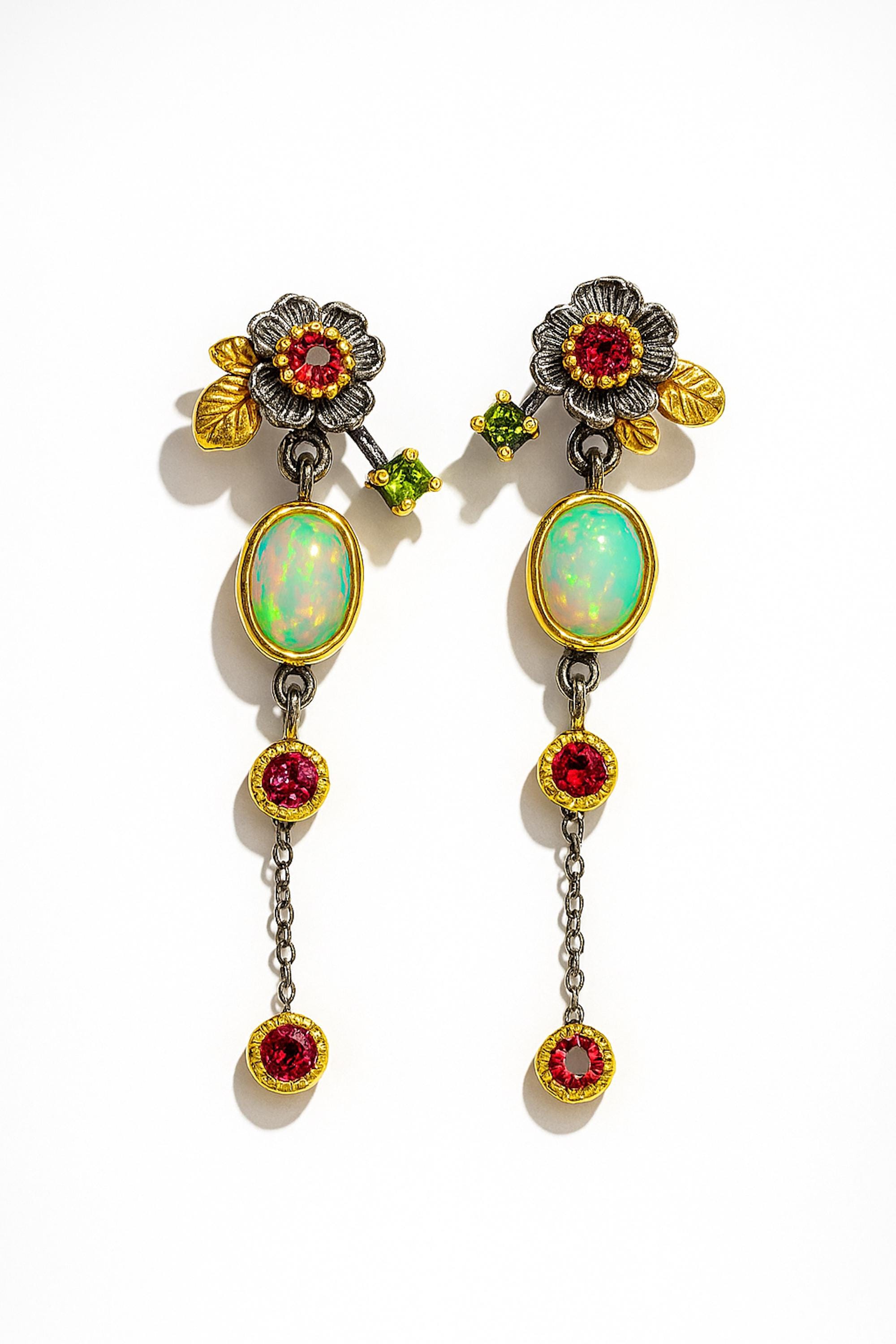 Flower rainbow opal earrings for women, garnet nature dangle black, October birthstone gemstone, birthday anniversary gift wife