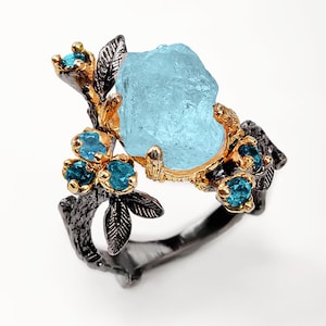 925 silver raw blue aquamarine ring, rough gemstone branch leaf nature jewelry