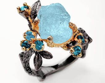 925 silver raw blue aquamarine ring, rough gemstone branch leaf nature jewelry