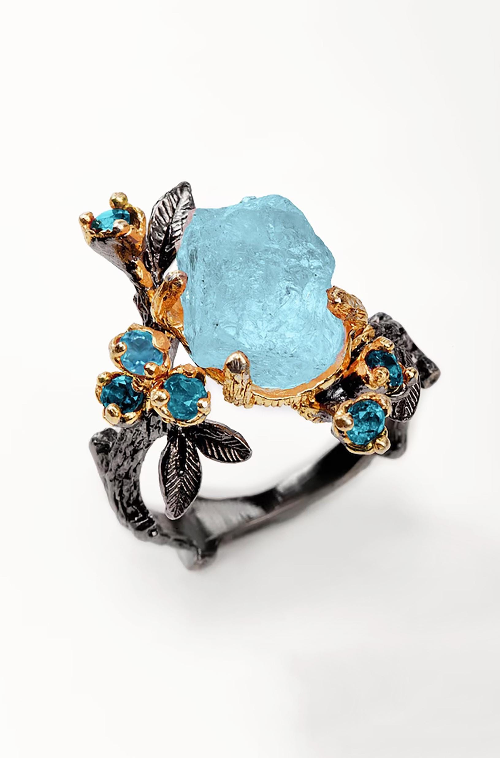925 silver raw blue aquamarine ring, rough gemstone branch leaf nature…