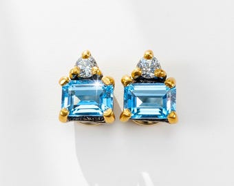 925 silver Swiss blue topaz stud earrings, minimalist everyday modern jewelry