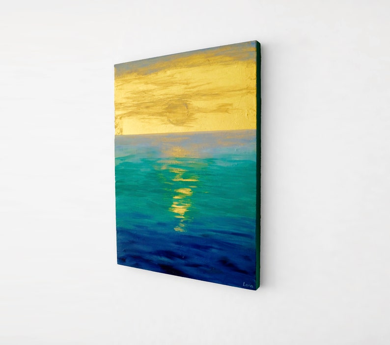 Sunrise gold leaf original paiting acrylic, Turquoise water deep blue golden sun, ocean painting Valentines day gift mom, sister, wife image 6