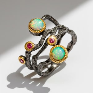 925 Feueropal Ring für Männer Frauen, Oktober Geburtsstein Regenbogen Edelstein breites Band schwarzes Zweigsilber organischer Schmuck