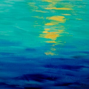 Sunrise gold leaf original paiting acrylic, Turquoise water deep blue golden sun, ocean painting Valentines day gift mom, sister, wife image 4