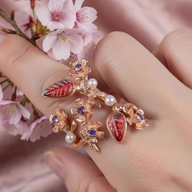 Handmade tourmaline ring with branch band and delicate flower motif for women.