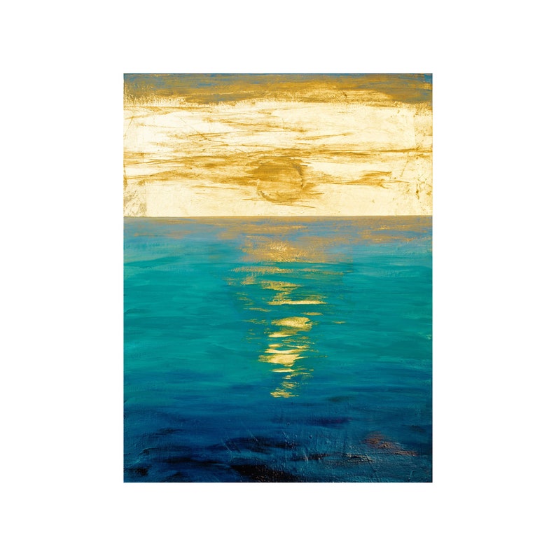 Sunrise gold leaf original paiting acrylic, Turquoise water deep blue golden sun, ocean painting Valentines day gift mom, sister, wife image 3