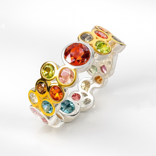 925 silver colorful cluster gemstone ring, mothers birthstone modern wide rings