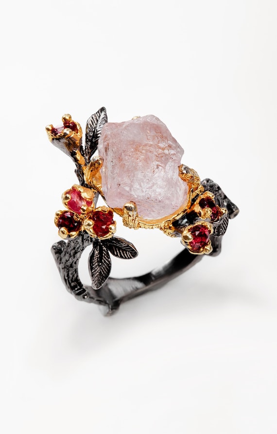 925 raw pink morganite ring, uncut crystal gemstone nature inspired branch leaves handmade jewelry