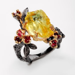 925 silver raw yellow citrine ring, nature branch flower November birthstone jewelry