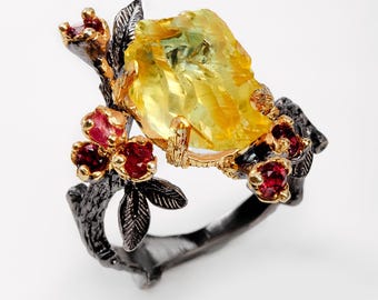 925 silver raw yellow citrine ring, nature branch flower November birthstone jewelry