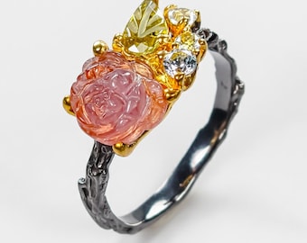 925 Silver Carved Flower Tourmaline Ring | October Birthstone Rose Handmade Jewelry
