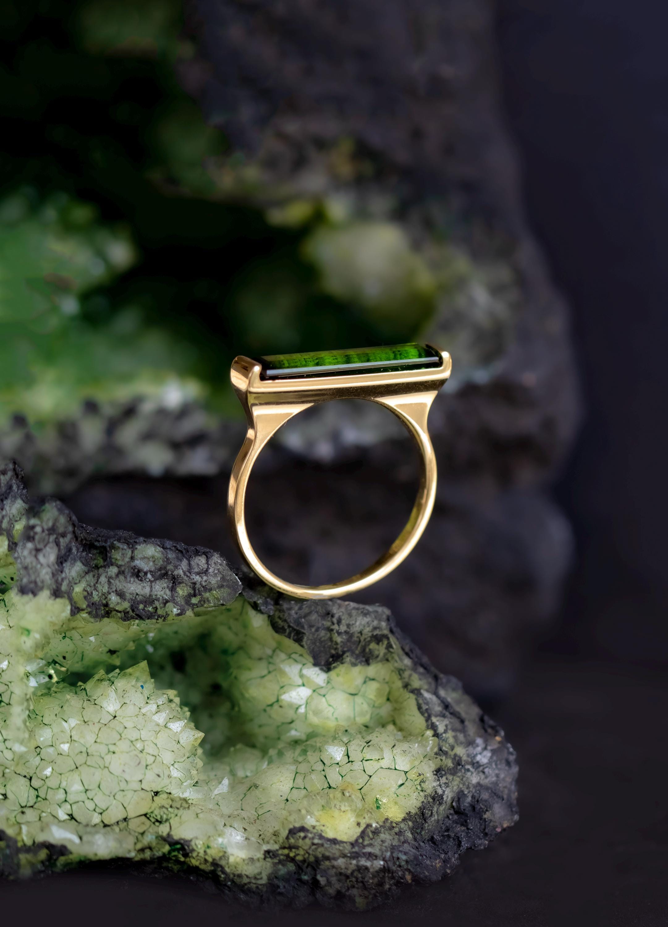 Forest green tourmaline 14K yellow gold ring minimal, natural long bar gemstone chrome, October birthstone birthday Mother's day gift wife