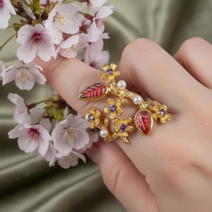 Unique branch ring with pink tourmaline gemstone for women who love botanical jewelry.