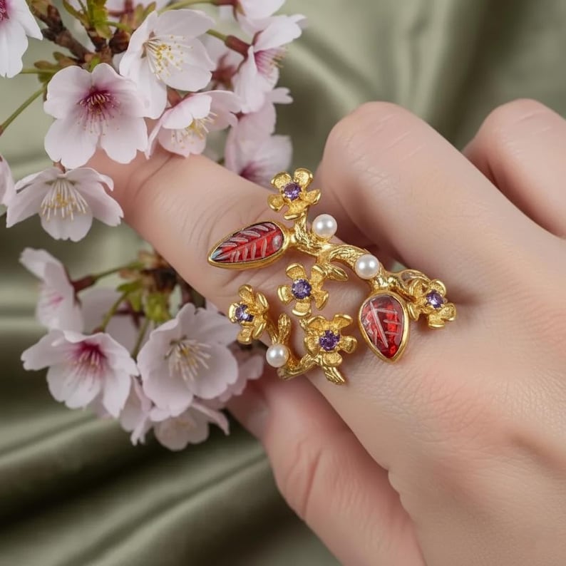 Unique branch ring with pink tourmaline gemstone for women who love botanical jewelry.