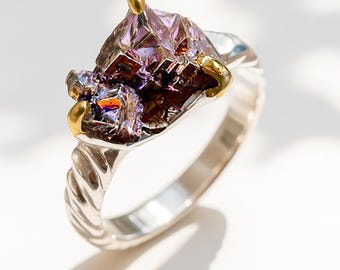 Raw Bismuth ring for women, rainbow rough crystal gemstone silver, Branch nature jewelry birthday gift mom wife mother
