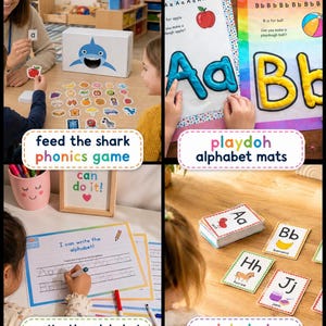 Peut inclure: Matériel éducatif pour l'apprentissage précoce. L'image présente un jeu de phonétique, des tapis d'alphabet en pâte à modeler, un cahier d'alphabet et des cartes flash d'alphabet. Le matériel comprend des illustrations colorées et du texte pour aider les enfants à apprendre l'alphabet.