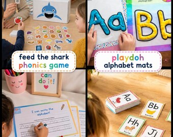 May include: Educational materials for early learning. The image shows a phonics game, playdough alphabet mats, an alphabet workbook, and alphabet flash cards. The materials feature colorful illustrations and text to help children learn the alphabet.