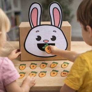 Könnte beinhalten: Ein Kinderspiel mit einem Karton, der als Hase dekoriert ist. Kinder legen nummerierte Karotten-Chips in das Maul des Hasen. Die Chips sind von 1 bis 10 nummeriert. Lernspielzeug für Kinder.