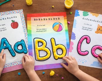 May include: Educational activity sheets with the letters A, B, and C. Each sheet features a large letter made of playdough, with illustrations of an apple, ball, and cat. The sheets are designed for children's learning.