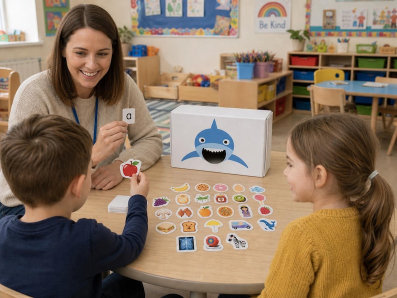 Peut inclure: Sc&egrave;ne de classe avec une enseignante et deux enfants. Ils sont assis autour d'une table ronde, manipulant des cartes illustr&eacute;es et une bo&icirc;te blanche avec un requin de dessin anim&eacute;. L'enseignante tient une carte avec la lettre "a".