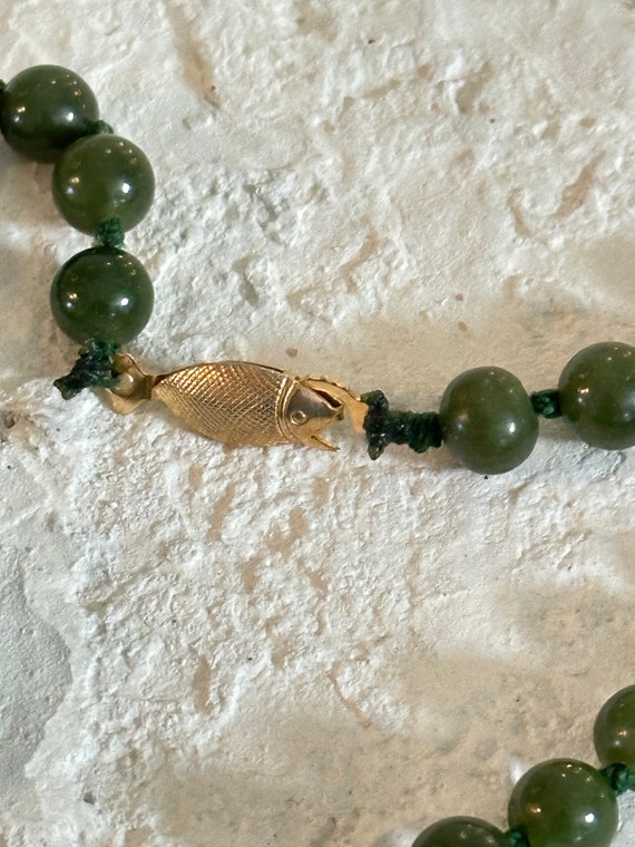 Spinach green jade necklace hand knotted gold ton… - image 5