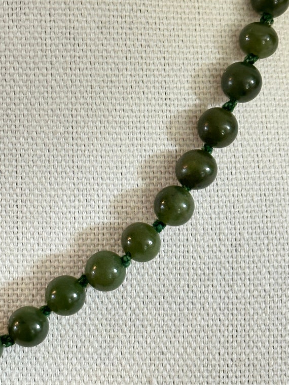 Spinach green jade necklace hand knotted gold ton… - image 3