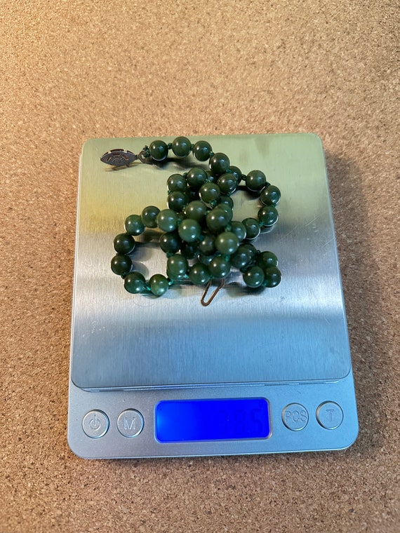 Spinach green jade necklace hand knotted gold ton… - image 10