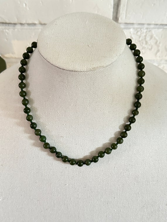 Spinach green jade necklace hand knotted gold ton… - image 2