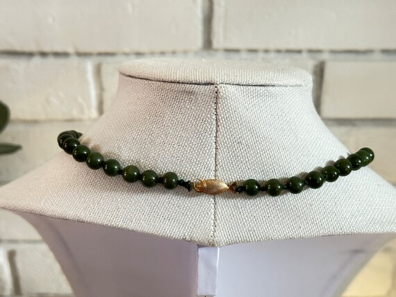 Spinach green jade necklace hand knotted gold ton… - image 4