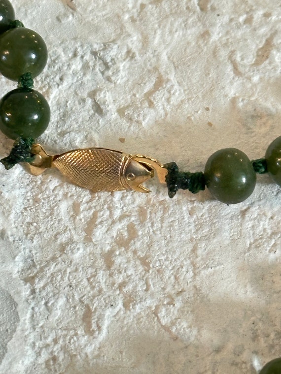 Spinach green jade necklace hand knotted gold ton… - image 6