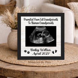 May include: A square black frame featuring a white wood-grain background with a central ultrasound image. The text reads: Promoted From Cat Grandparents To Human Grandparents, Baby Wilton, and April 2027, accompanied by black paw and baby footprint icons.
