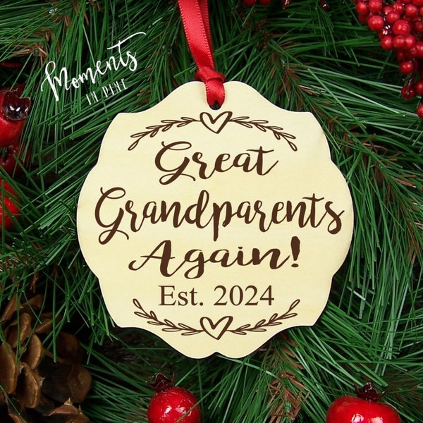 Great Grandparents Again Christmas Ornament Christmas Gift Pregnancy Announcement Gift, Baby Announcement Est. 2024, Est. 2025, Baby Reveal