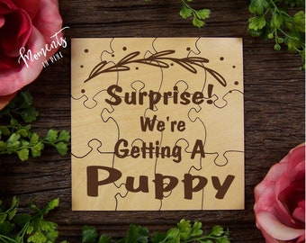 New Puppy Announcement We're Getting A Puppy Gift New Dog Gift, New Pet Gift Family Surprise Dog Adoption Gift Puppy Sign Wood Rustic Puzzle