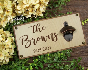 Personalized Wedding Gift for Couple Last Name Established Custom Bottle Opener Wall Mount Rustic Wedding Gift Engraved Housewarming Gift