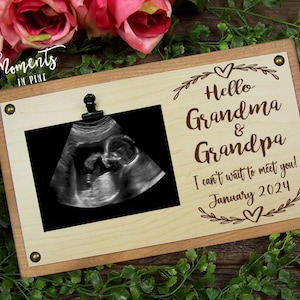 Hello Grandma and Grandpa Pregnancy Announcement Gift, Reveal Idea to Grandparents, Ultrasound Picture Frame, Wood Baby Announcement Sign