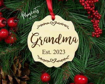 Grandma Est. 2023 Christmas Ornament Pregnancy Announcement Est. 2024 Established Ornament Christmas Gift for Grandma Wood Engraved Keepsake