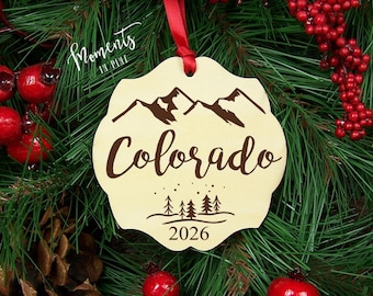 Colorado Ornament 2026 Christmas Gift for Travelers Outdoor Lover Travel State Christmas Ornament Rustic Ornament Wood Engraved Mountains