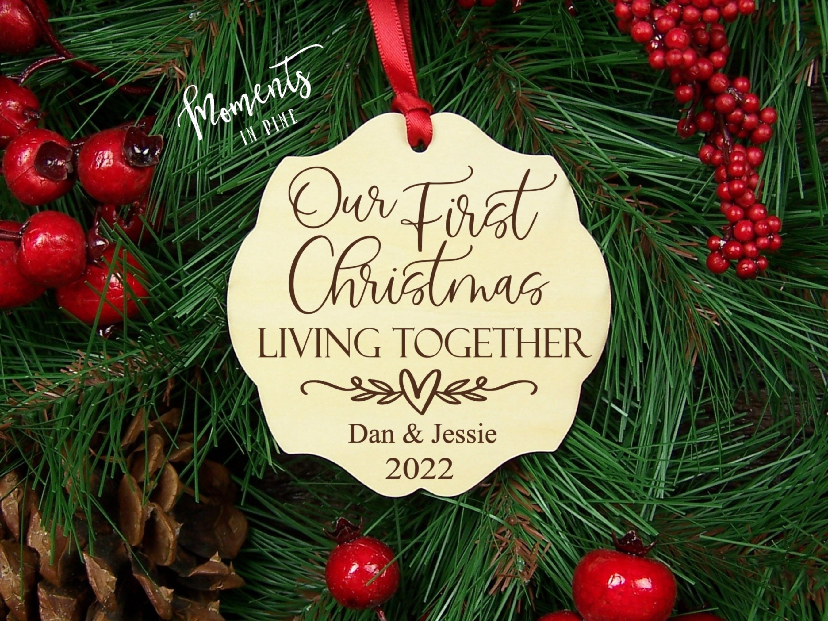 Our First Christmas Together PERSONALISED Christmas Decoration Printed Wooden Hanging Heart Christmas Tree Ornament Christmas Gifts for Couples Boyfriend Girlfriend Engagement 
