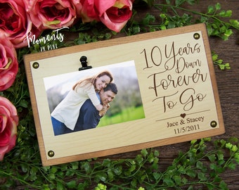 10 Year Anniversary Gift for Wife, Couples, Personalized Wedding Anniversary Picture Frame Custom Photo Frame 10 Years Down Forever To Go